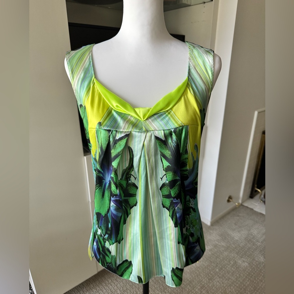 Elie Tahari Silk Stretch Floral Tank Top M – Green Blue Yellow Print – 93% Silk